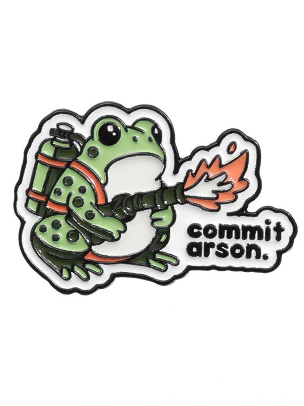 Funny Frog “Commit Arson” Enamel Pin – Cute Flamethrower Frog Lapel Pin.