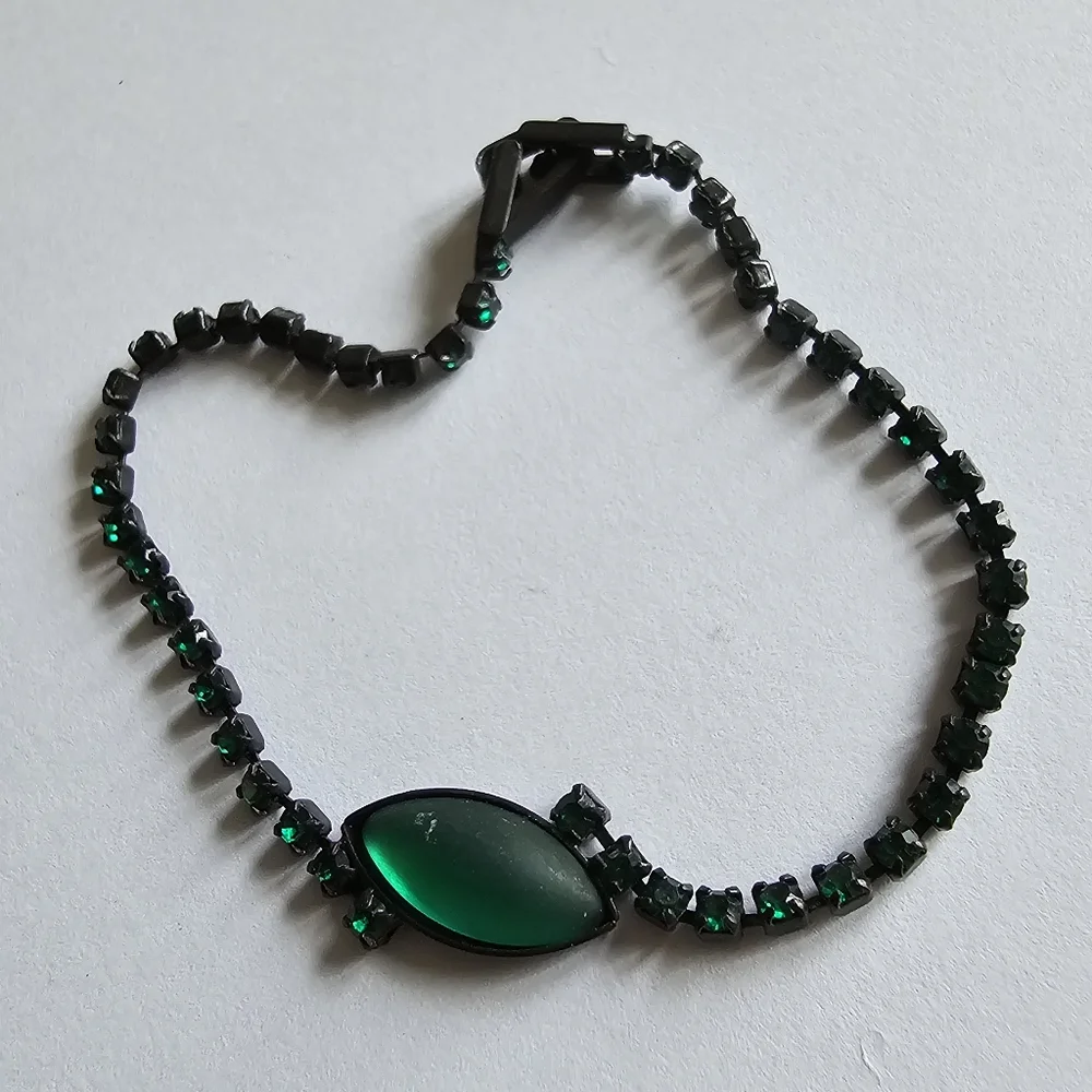 Vintage green rhinestones bracelet black metal dainty retro Japanned prom formal