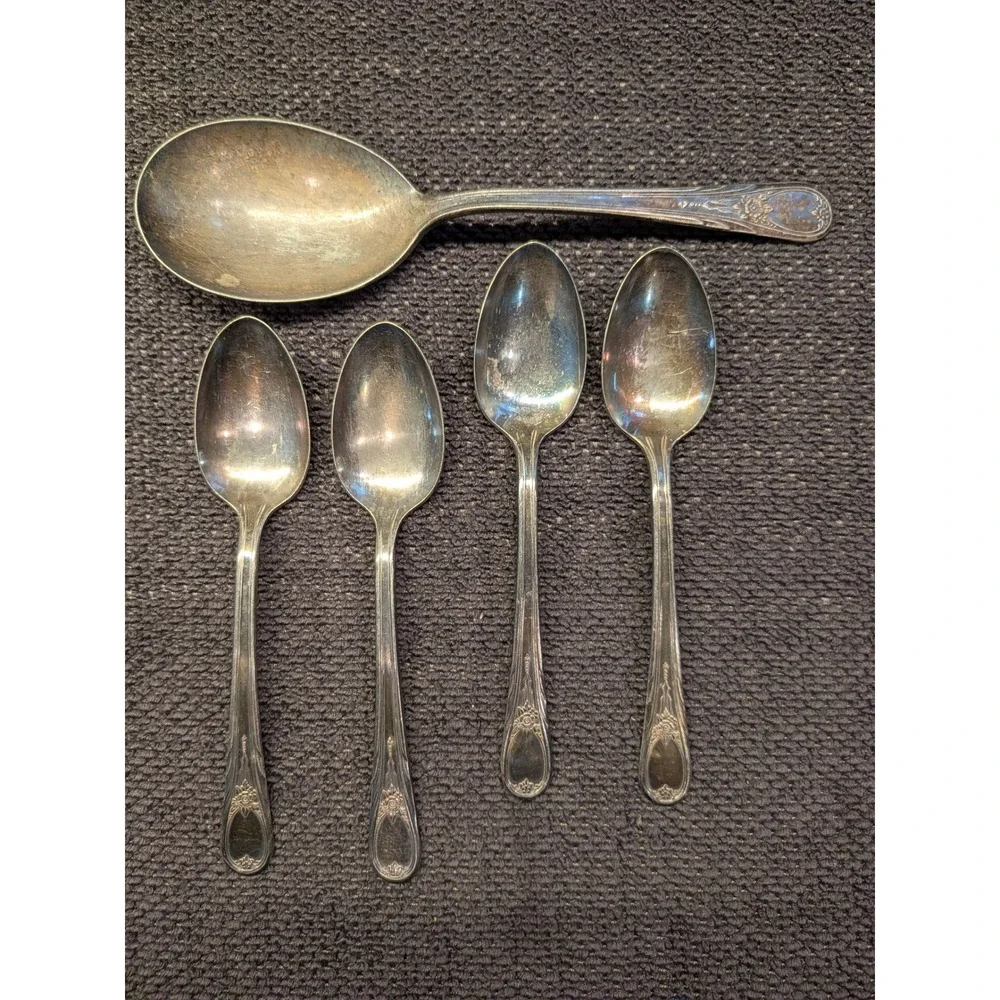Vintage Newport Silver Plate Spoon Set 5pc Floral Rose Mid-Century Flatware