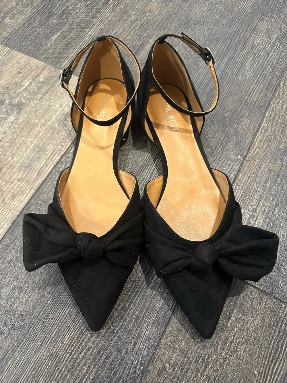 Nine West Black Pointed Toe Bow Ankle-Strap Flats