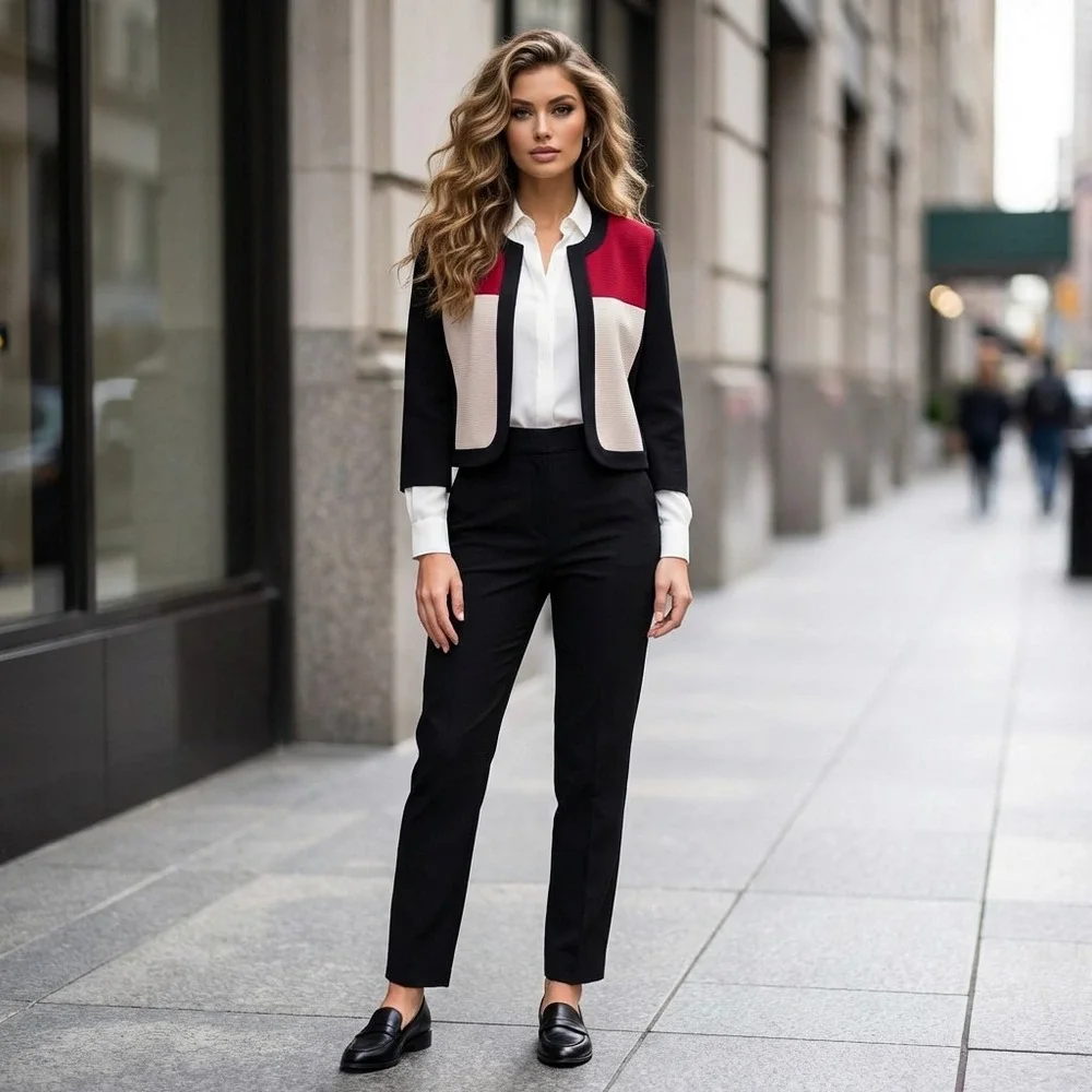 Studio One Bolero Shrug Womens 14 Black‎ Red Colorblock Minimalist Cardigan