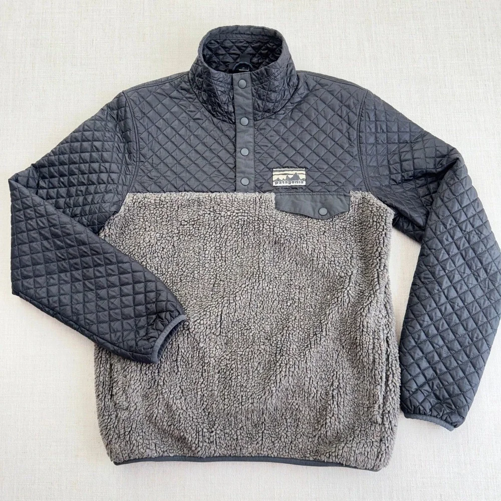Patagonia Mixed Media Quilted Sherpa Snap-T Pullover Jacket‎ Gray Black Womens S
