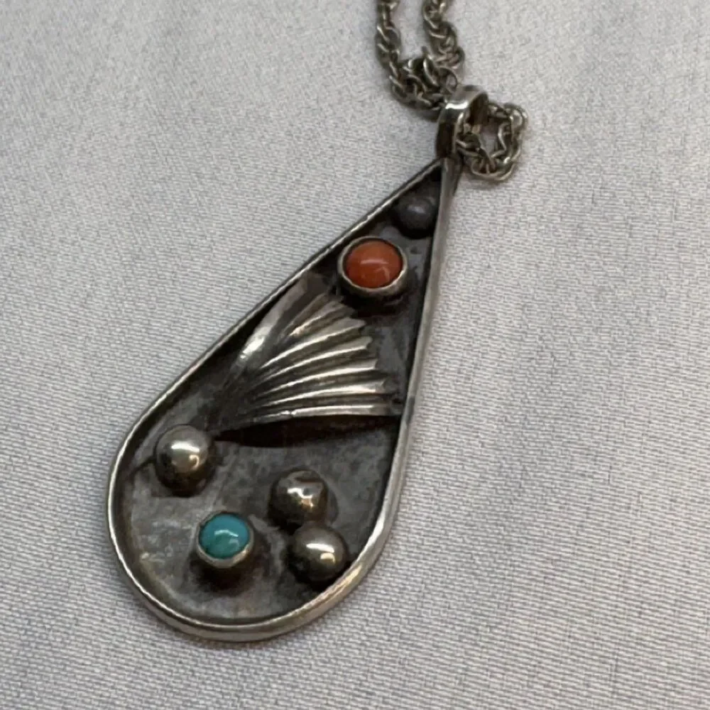 Vintage Southwestern Sterling Turquoise Coral Pitot Point Teardrop Pendant
