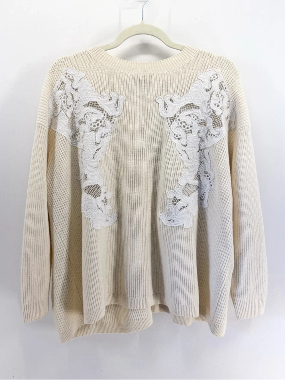 Sandro Paris Cream Rib Knit Wool Blend Sweater Lace Eyelet Panels Open Back S