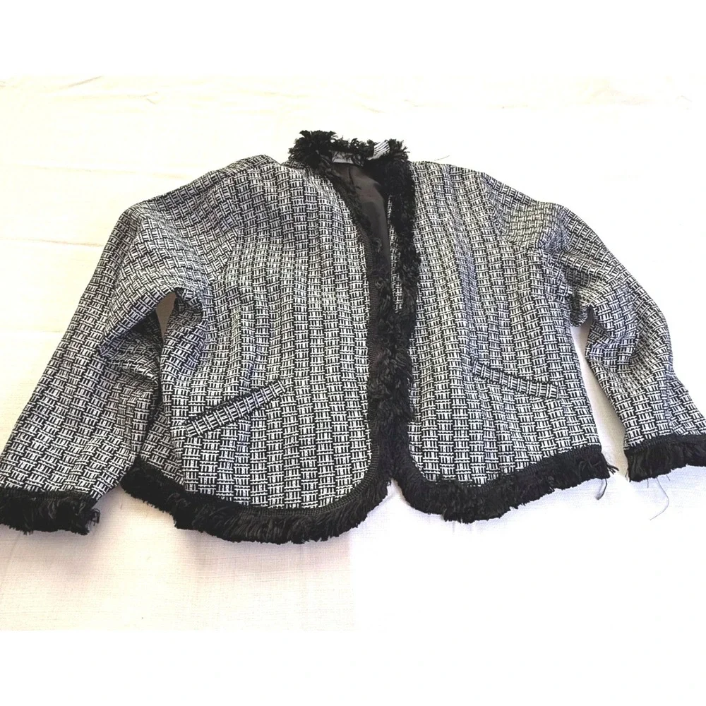 Jessica London‎ Black White Tweed Open Front Jacket Faux Fur Trim Size 16