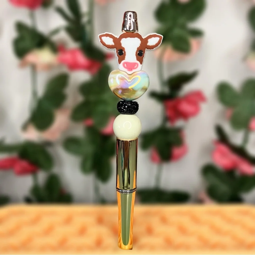 Cute Cow Handmade Beaded Pen with Heart Design
