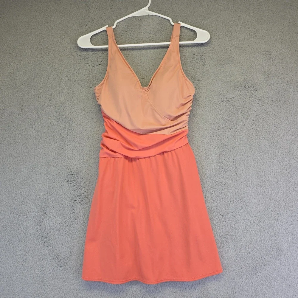 D&Co‎ Swim Dress Womens 4 Pink Salmon Babydoll Adjustable Ruched Modest Skirt