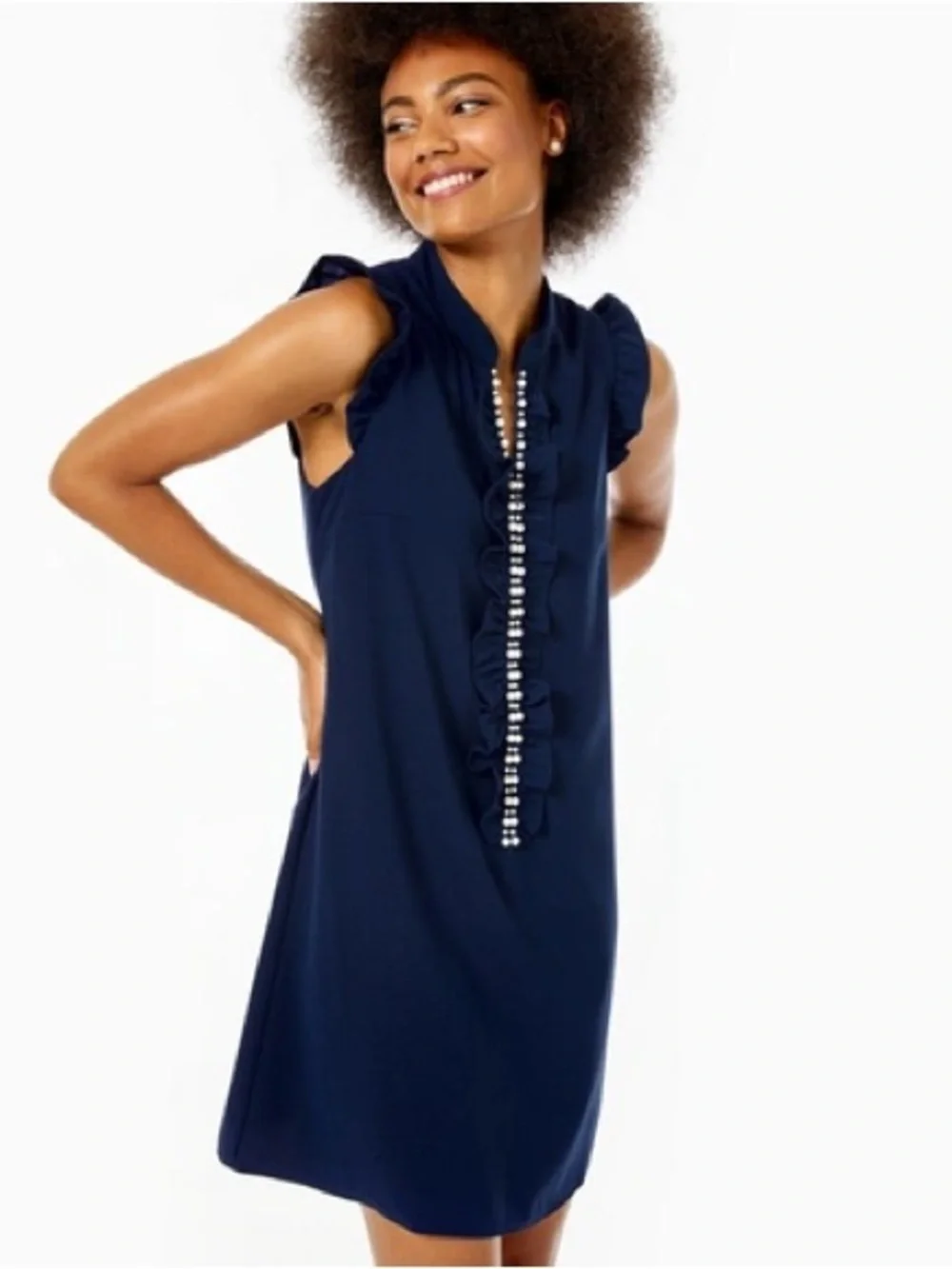 Lilly Pulitzer Adalee Shift Dress Women's Size 6 True Navy Pearl Embellishment