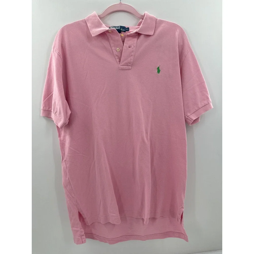 Polo Ralph Lauren Mens Pink Short Sleeve Pique Polo Shirt‎ Green Pony Size L