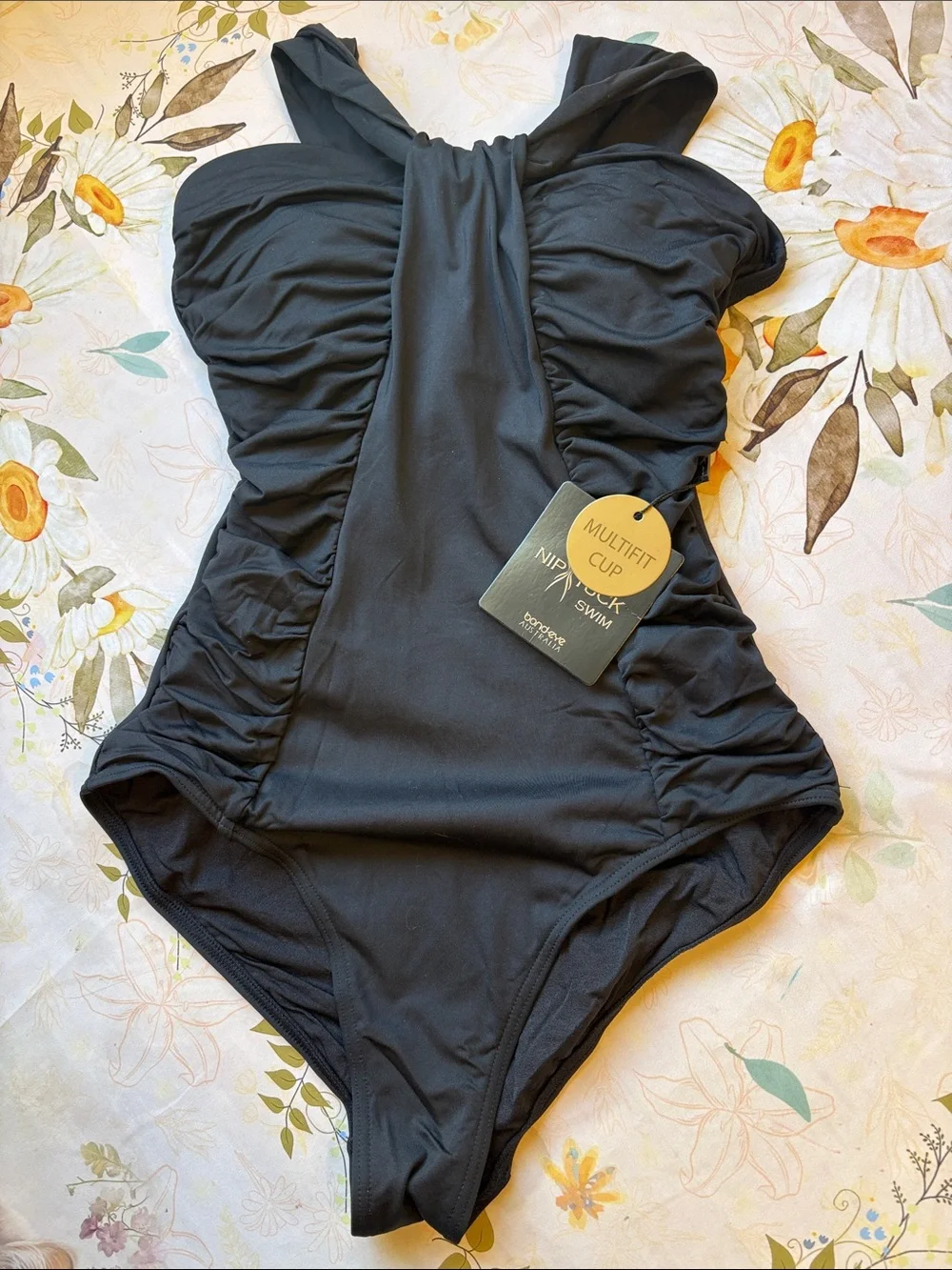 bond-eye Black Ruched One-Piece with Twisted Halter