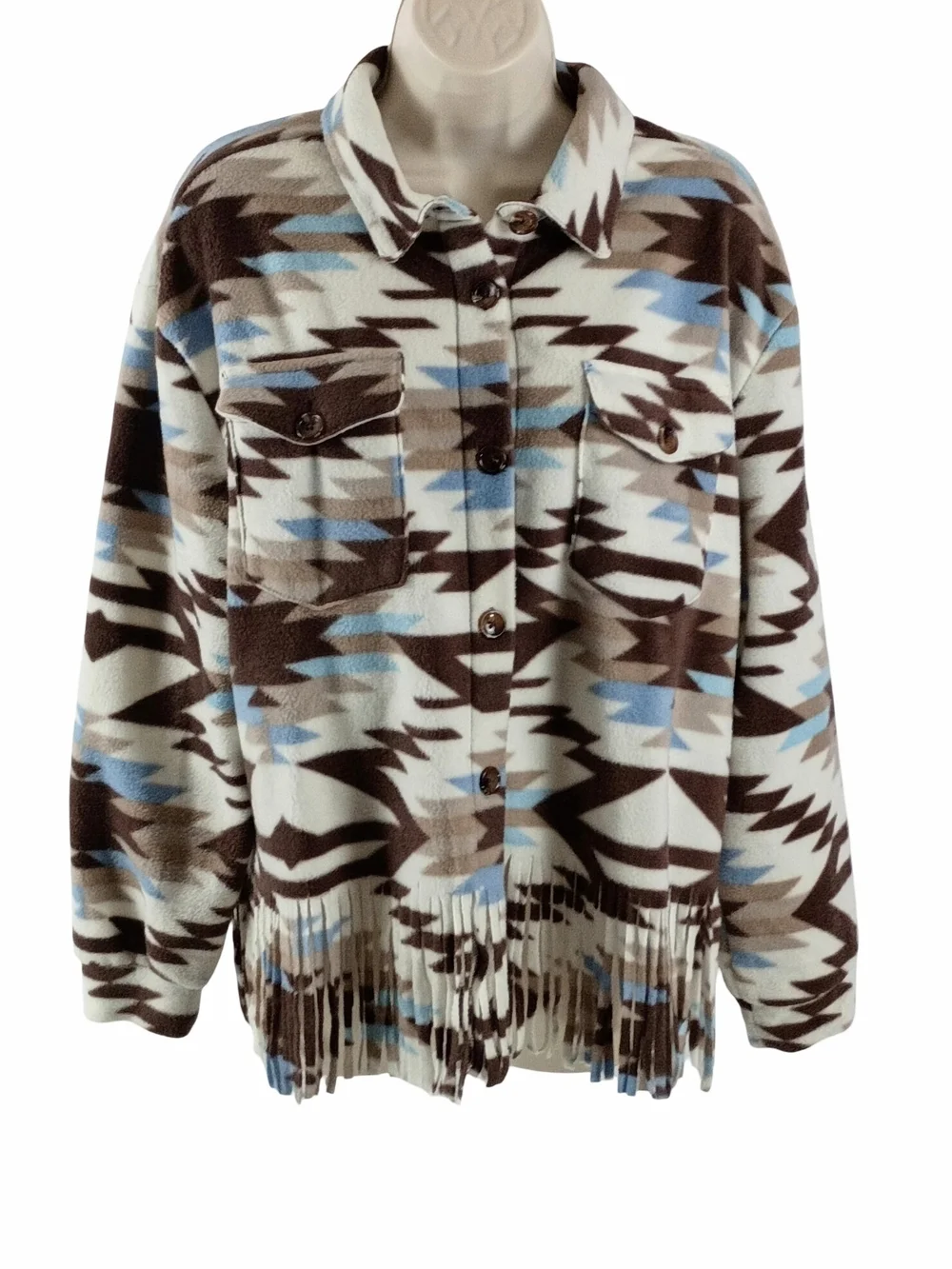 Fringed Fleece Blanket Aztec Print Shacket Jacket in Brown & Light Blue