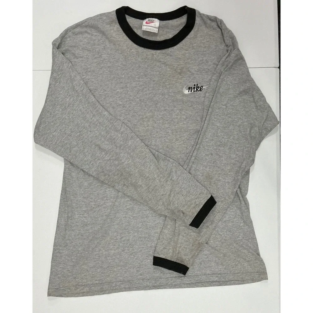 VTG USA Made 90s Nike Gray Long Sleeve Swoosh Ringer T Shirt Mens‎ M Distressed