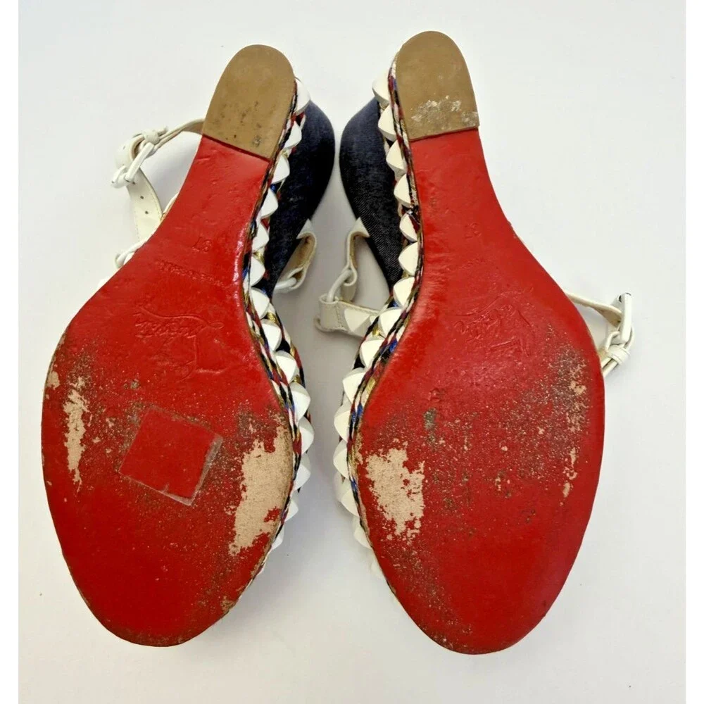 Christian Louboutin Cataclou Espadrille Sandals Red White Blue Denim Size 37 / 7