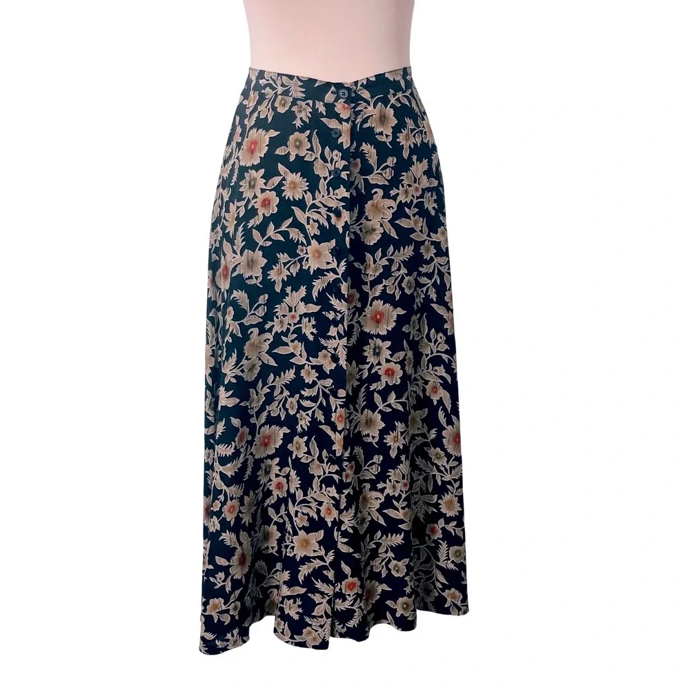 Jones New York Skirt 6P Black Floral‎ Silk Button Front Maxi Cottagecore Boho