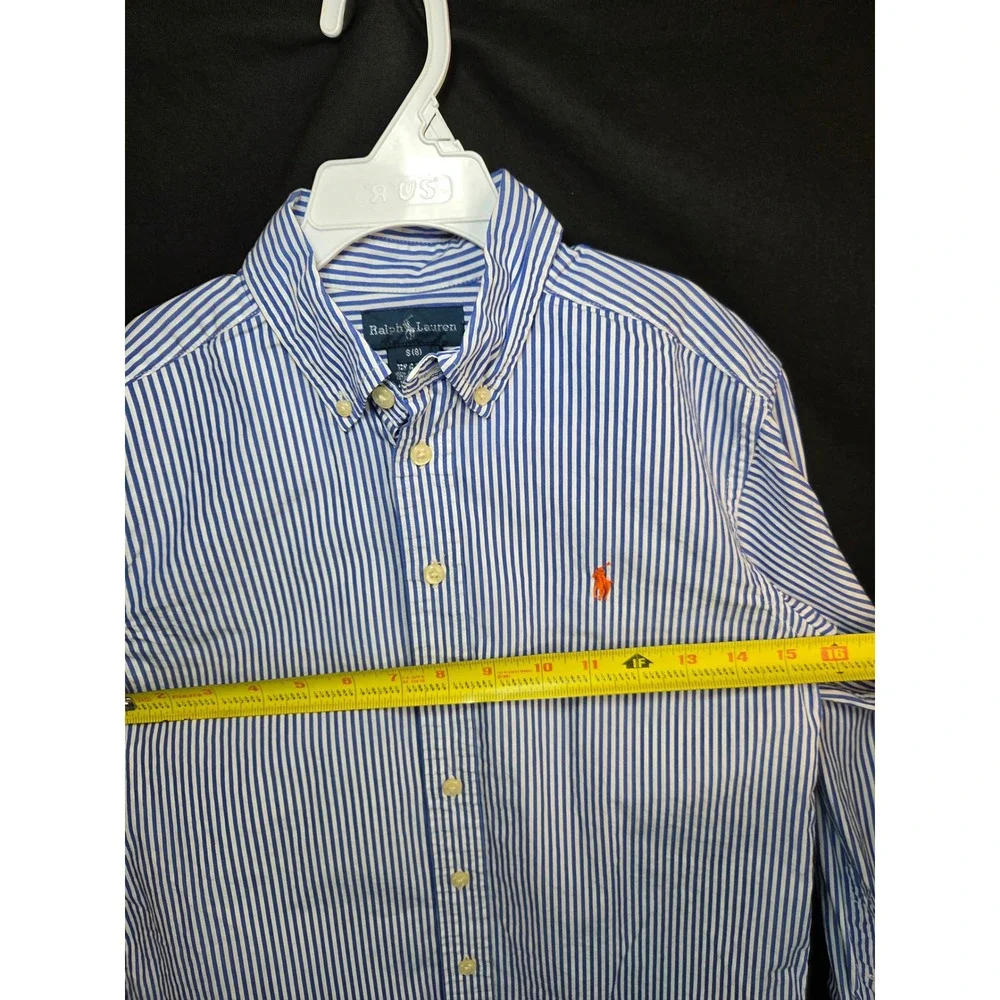 Ralph Lauren Kids Blue White Striped Button Down Shirt Size S 8 Orange Pony Logo