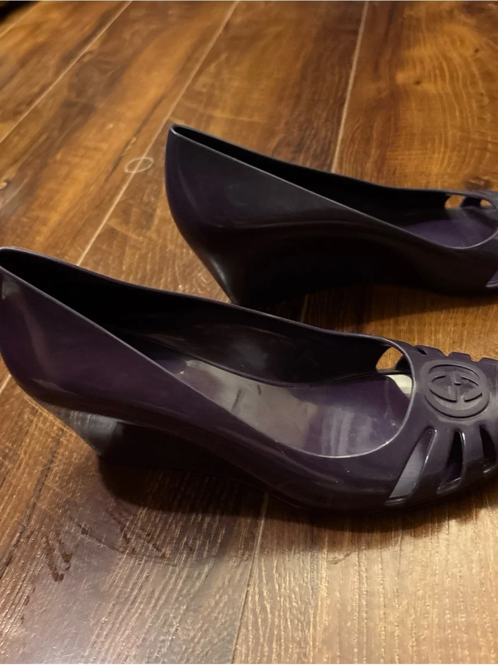 Gucci GG Logo Purple Rubber Slip On Wedge Shoes SZ 6