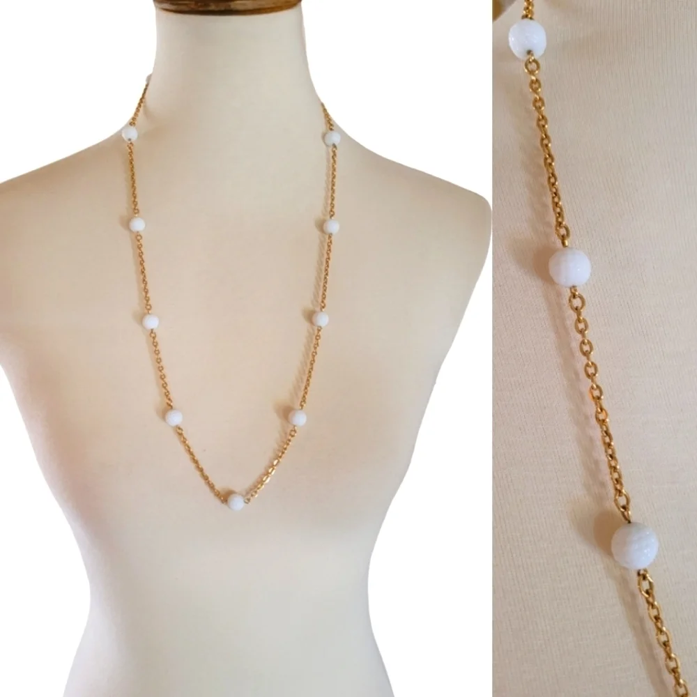 Vintage White Carved‎ Glass Bead and Gold Chain Necklace