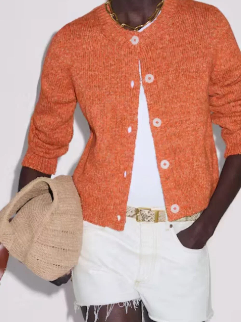 ME+EM Cotton Mouline Knit Relaxed Crew Cardigan Tangerine Orange NWT