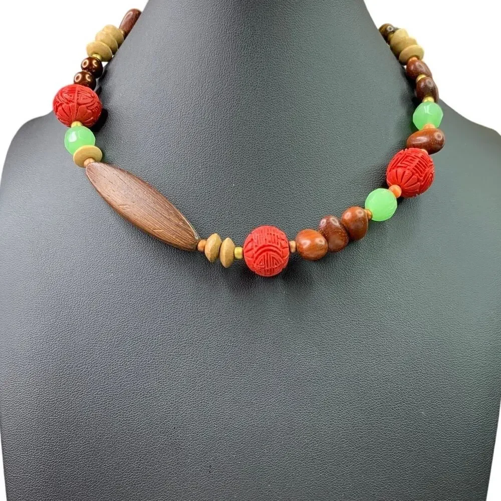 Boho Artisan Choker – Carved Cinnabar, Wood & Jade Green Glass