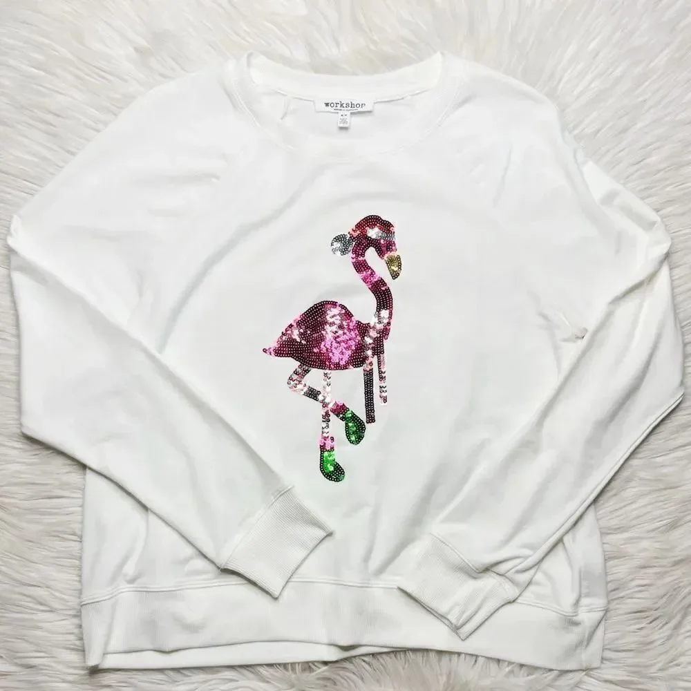 Workshop Sequin Flamingo Long sleeve Sweatshirt White Pink Size Medium
