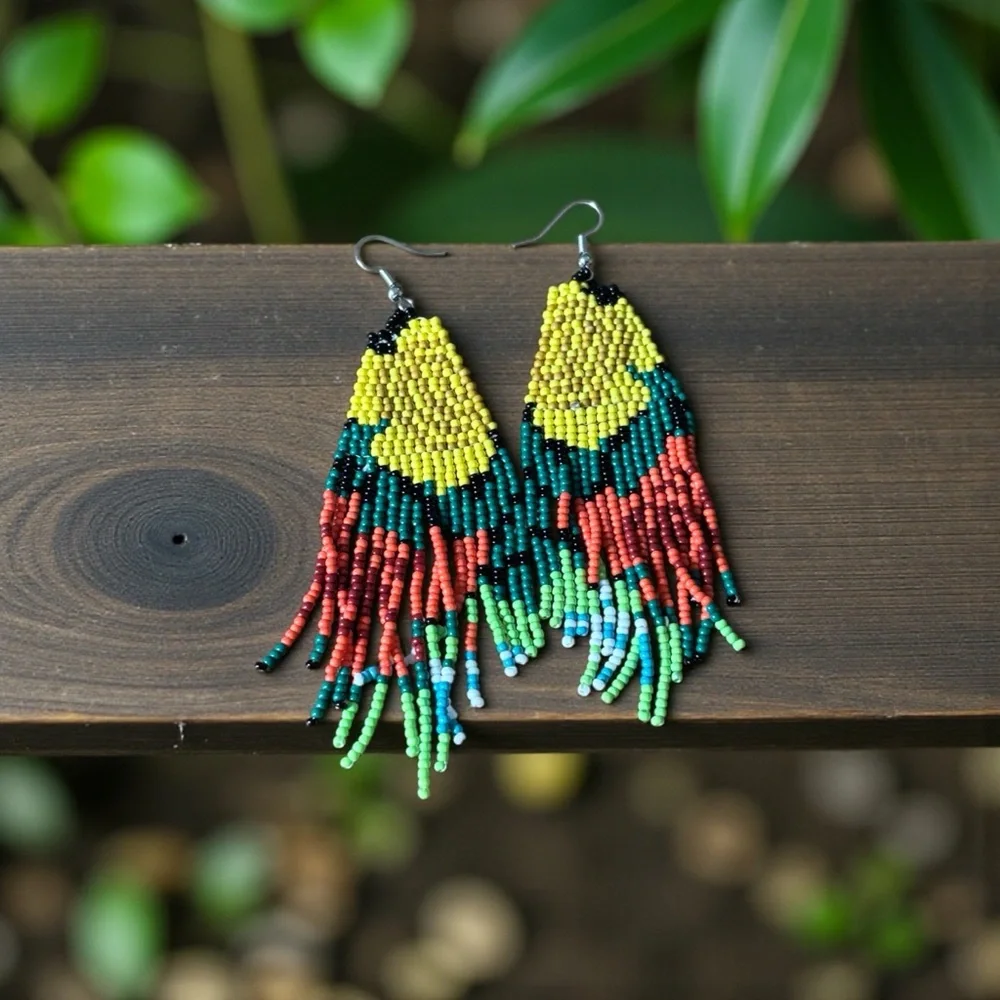 Colorful Floral Yellow and Red Roses Beaded Earrings