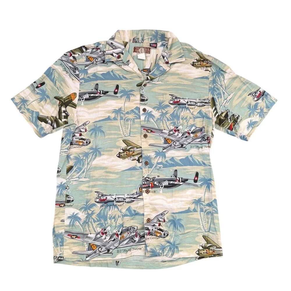 VTG Kalaheo Hawaiian Shirt Men S WWII Bomber Plane Aviation Aloha Military USA‎