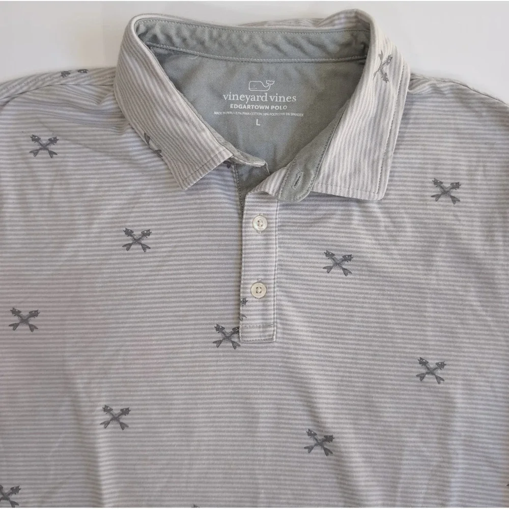 Vineyard Vines Edgartown Polo Shirt Mens L Gray Striped Crossed Fish Pima Blend