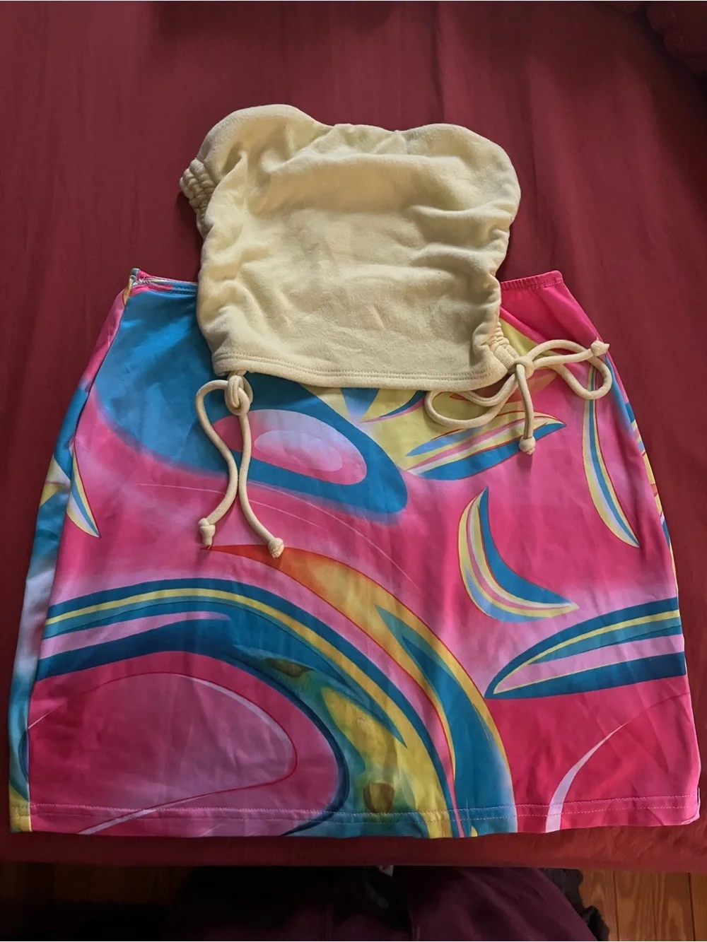 Yellow Crop Top with Pink & Blue Swirl Mini Skirt Set