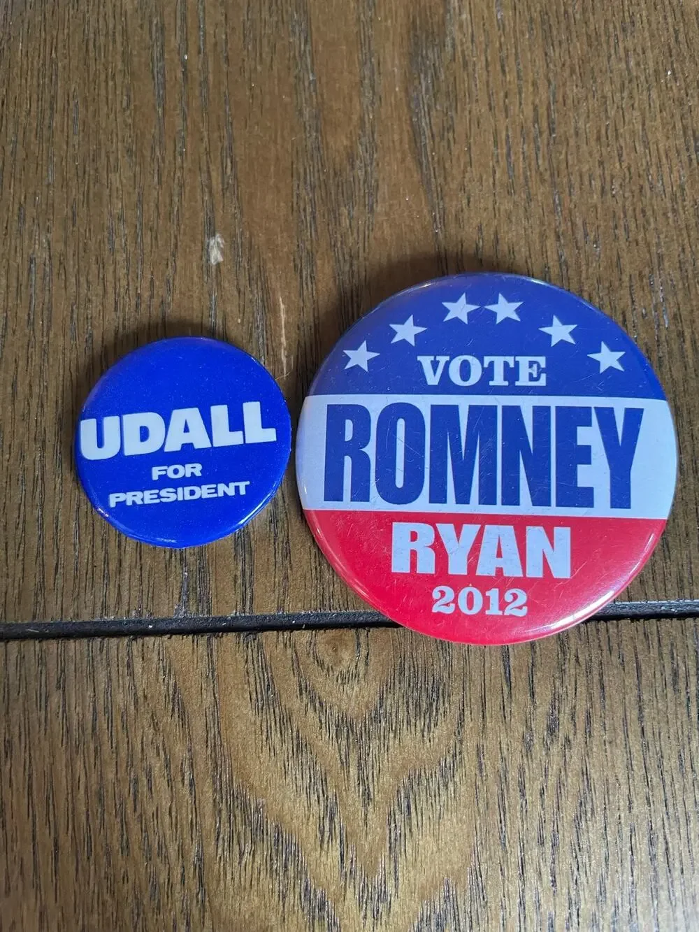2 Political Campaign Buttons Mo Udall 1976 President & Romney Ryan 2012