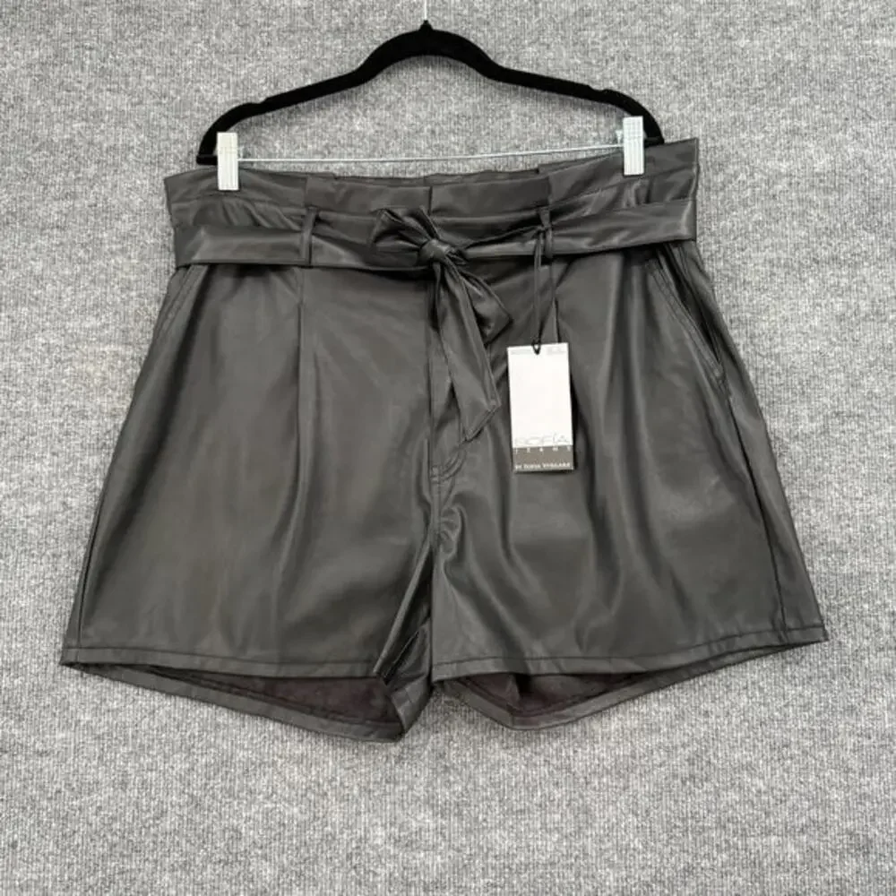 Sofia Vergara Womens Faux Leather Paperbag Shorts Sz 18 Black Belted Dressy NWT