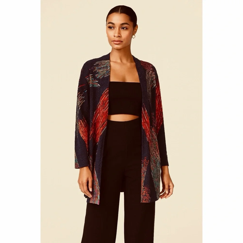 A Touch Of Class | VTG Metallic Brush Stroke Abstract Print Open Front Cardigan