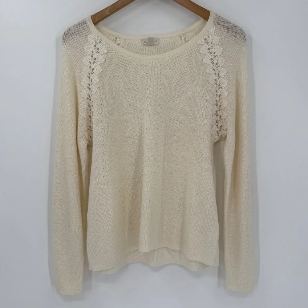 Garnet Hill‎ Merino Wool Cotton Lace Shoulder Sweater Ivory Size Medium