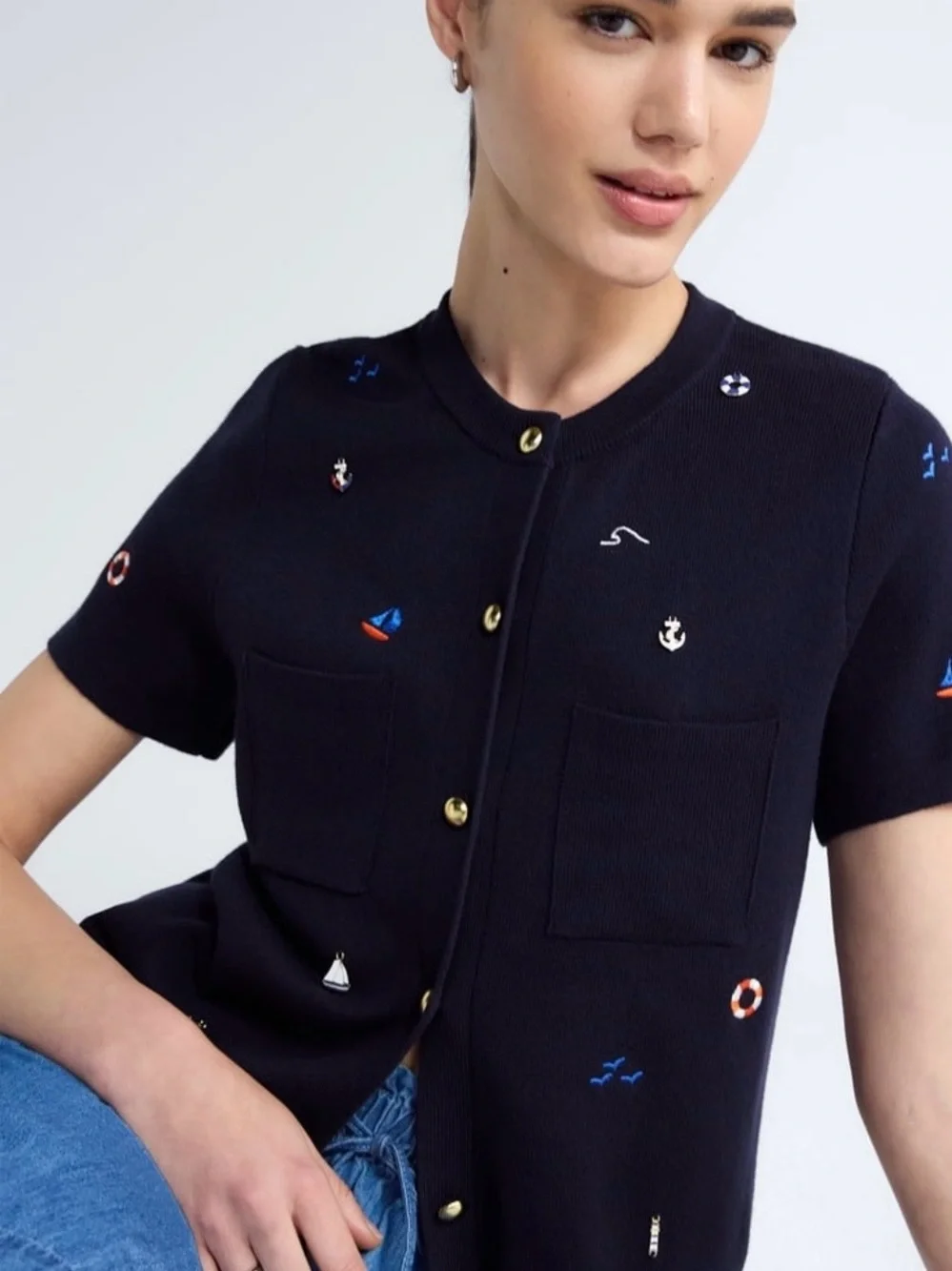 NWT Free Assembly Small Navy Nautical Embroidered Short Sleeve Cardigan Sweater