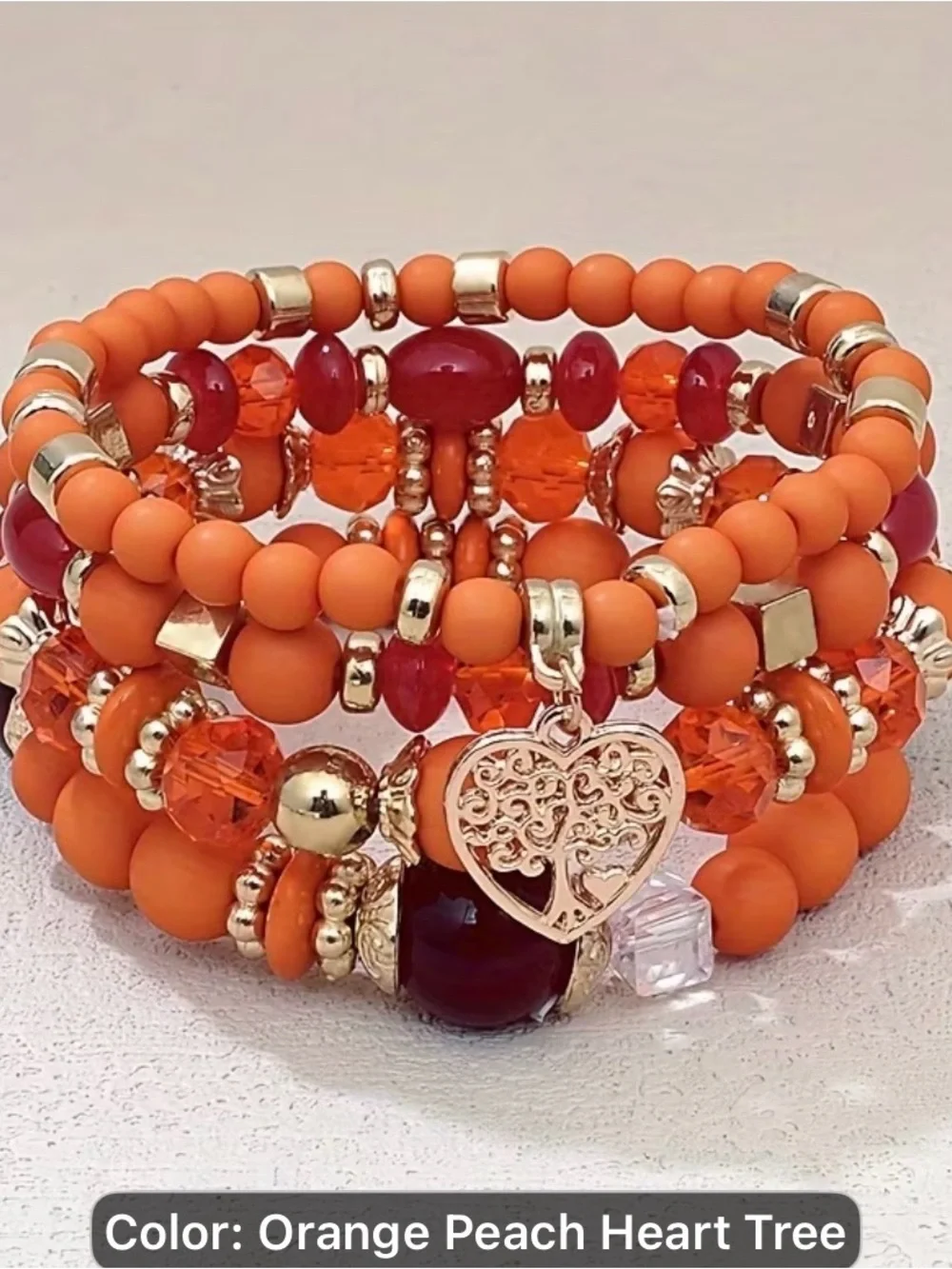 Handmade European & American Orange pink Beaded Heart Tree Bracelet Stack