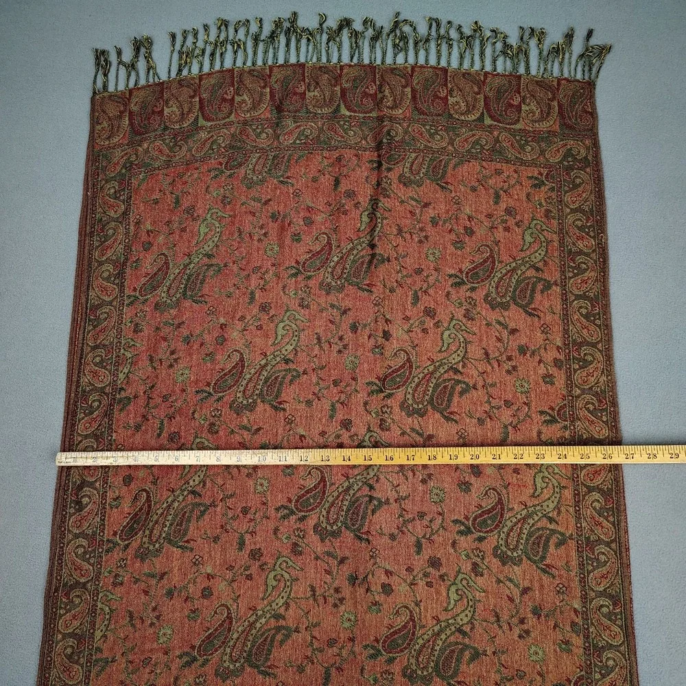 Cashmere Silk Scarf Shawl Paisley Sage Red Fall Vibes Fringe XL 27x72 Pashmina