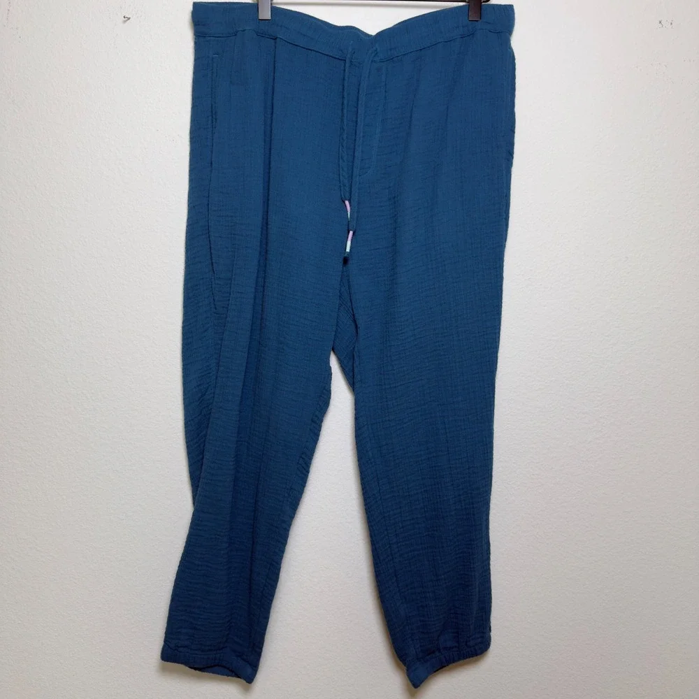 Carve Designs Women 100% Organic Cotton Pants‎ Large Teal Blue Gauze Coastal