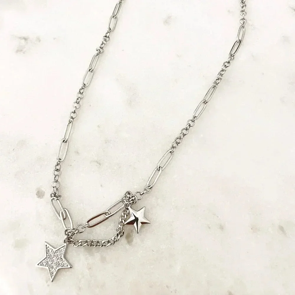 925 Sterling Silver Star Chain Link Necklace Dangle Chain Vintage Necklace