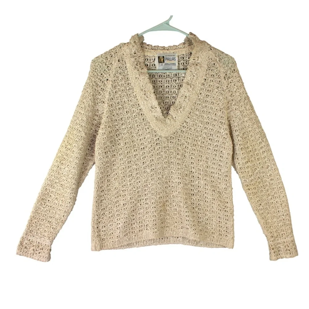 Vtg Pallas Original Hand Loomed Irish Linen Sweater Cottagecore Boho M V Neck