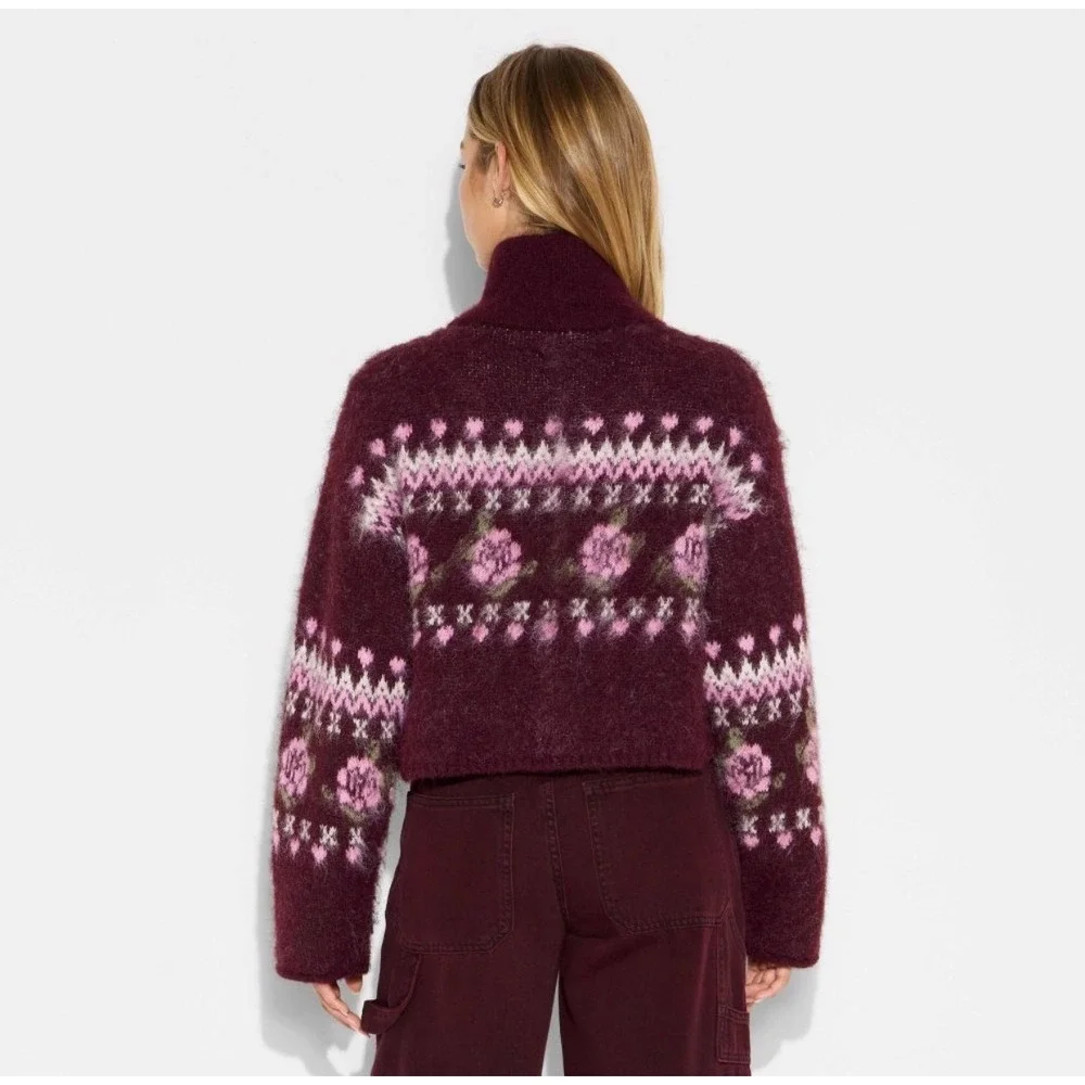 Wild Fable Burgundy Floral Fair Isle Zip Up Mock Neck Sweater XXL NWT