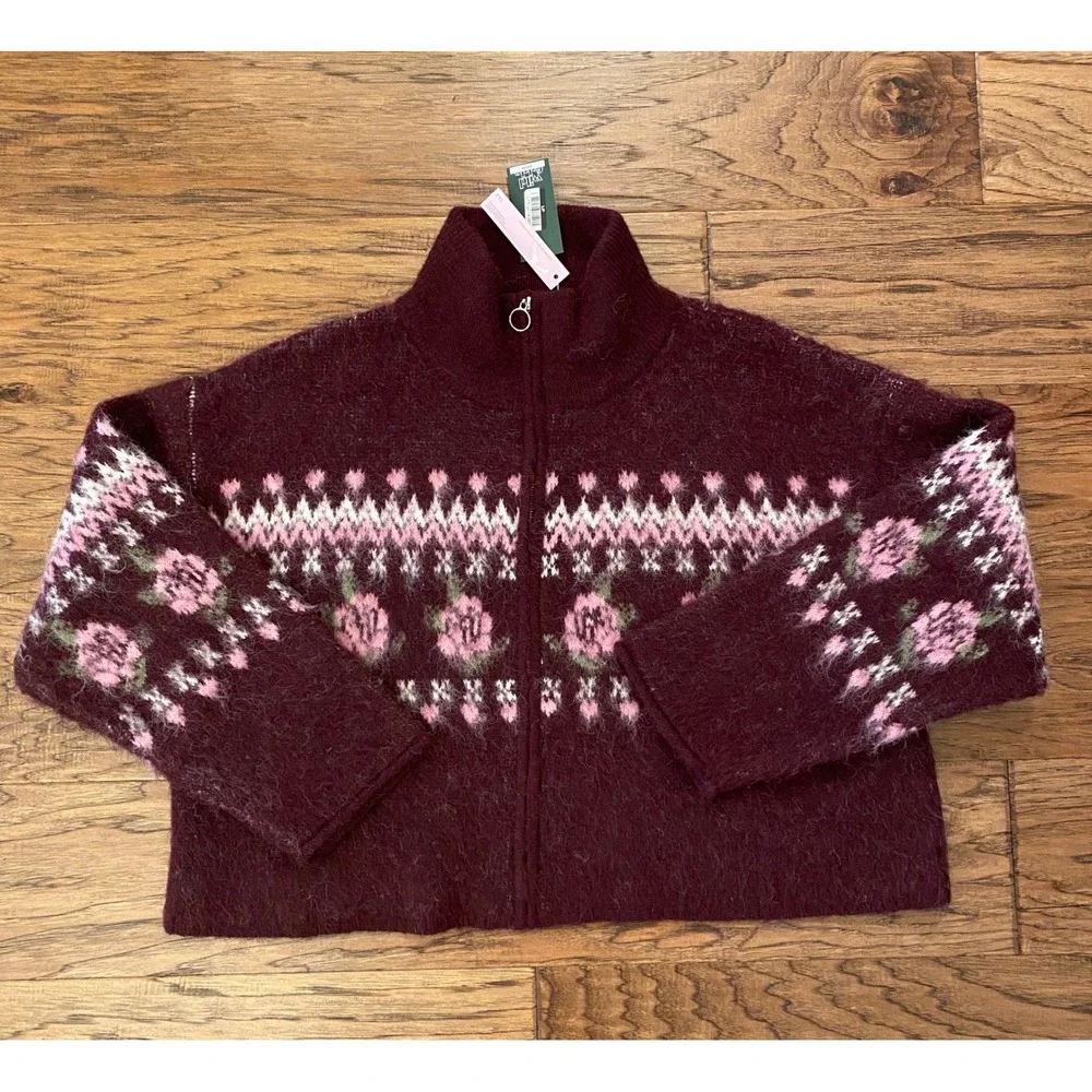 Wild Fable Burgundy Floral Fair Isle Zip Up Mock Neck Sweater XXL NWT