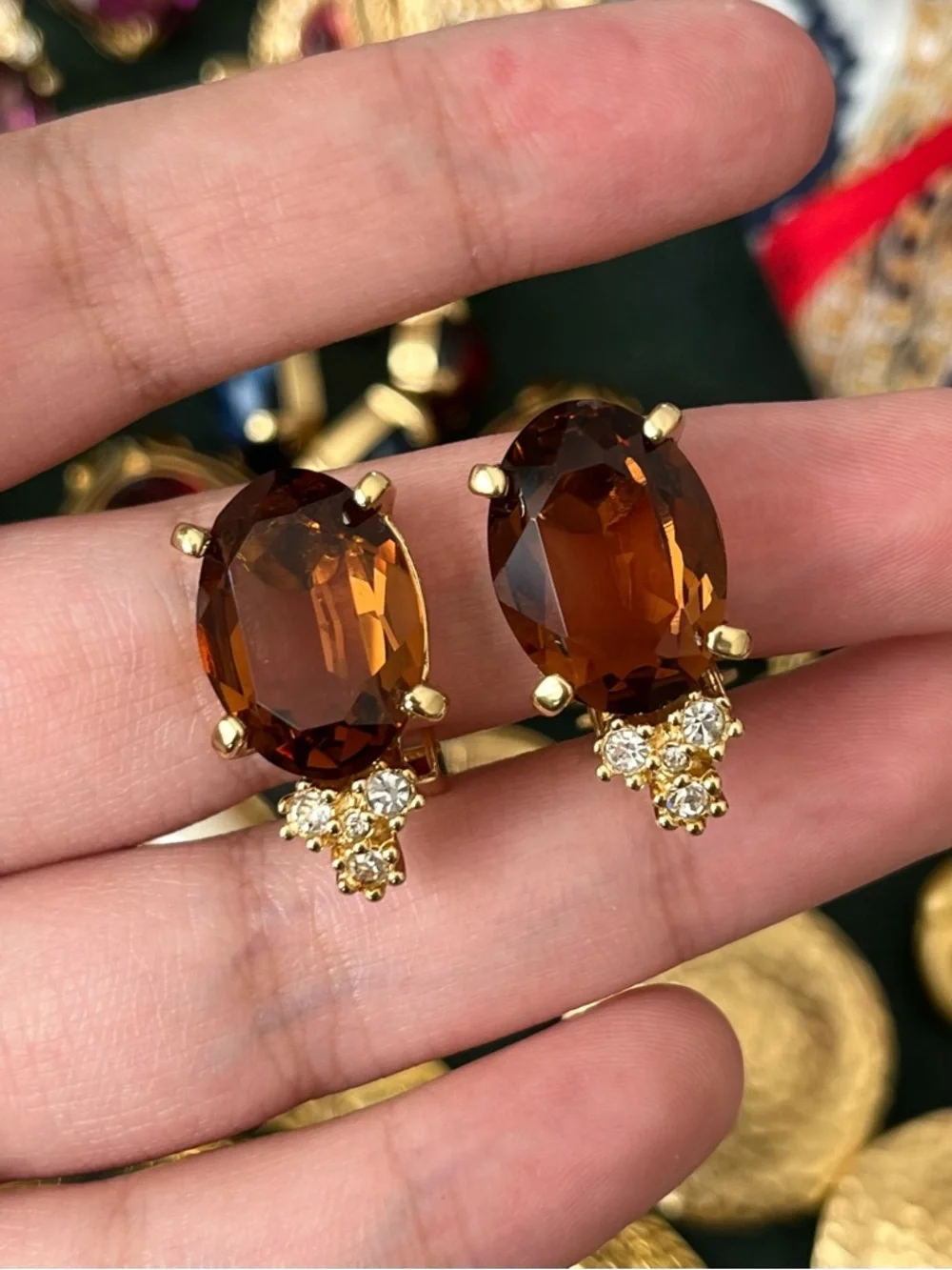 Authentic Vintage Dior Oval Brown Glass Stone Crystal Prong Gold Clip Earrings