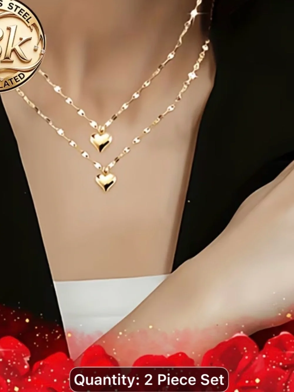 18k Gold pleated Heart Layered Necklace Set - 2 Piece