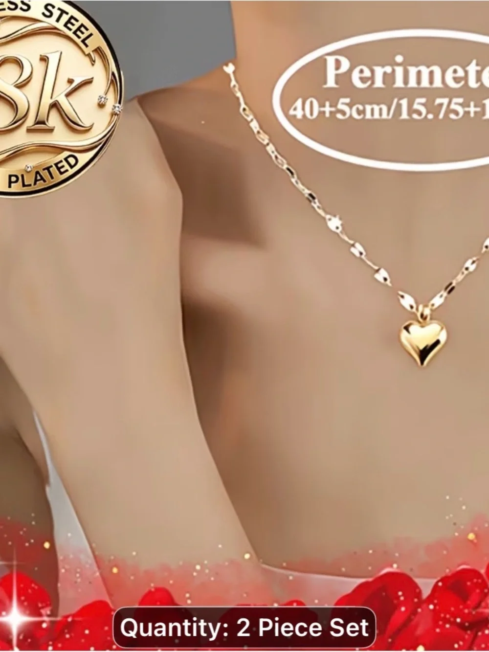 18k Gold pleated Heart Layered Necklace Set - 2 Piece