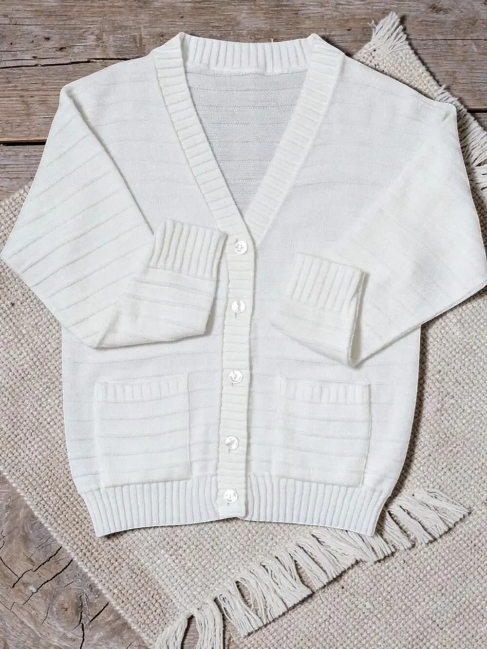 VINTAGE 70's 60's White Ribbed Knit Sweater Cardigan With Pockets S M