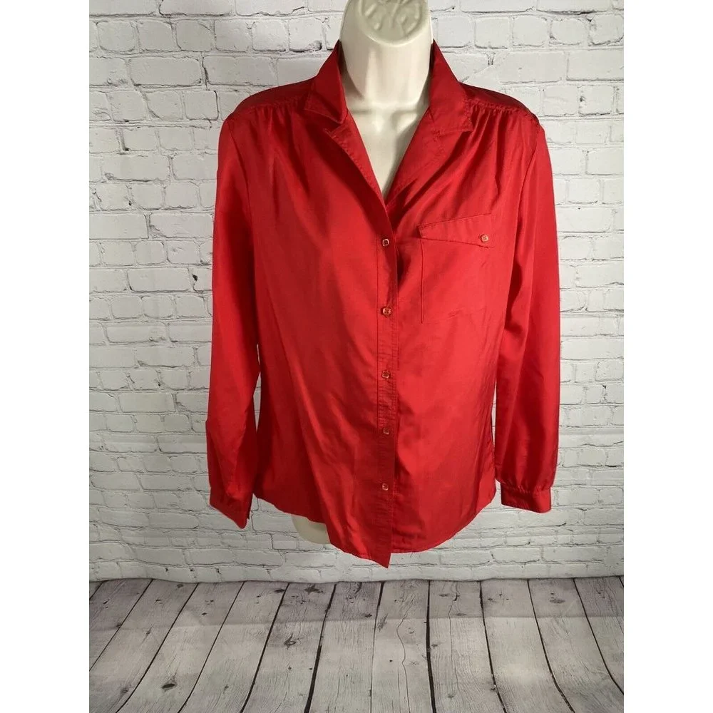 VTG Ship’n Shore Silken Wonder Solid Red Long Sleeve Button Up Blouse 10