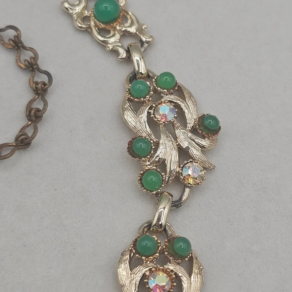 Vintage Necklace Gold Tone Green with Aurora Borealis Rhinestones