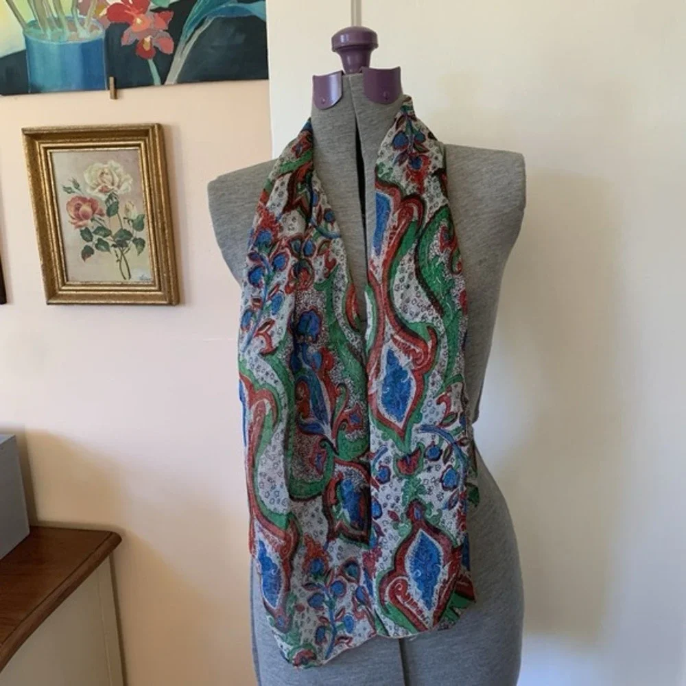 Vintage Paisley‎ Floral Silk Chiffon Sheer Scarf Green Blue Red 51x19