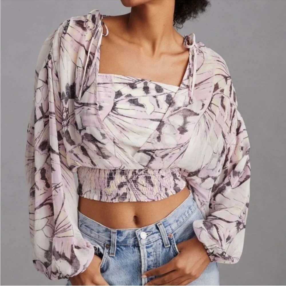 Anthropologie butterfly sheer top long sleeve crop large NWT