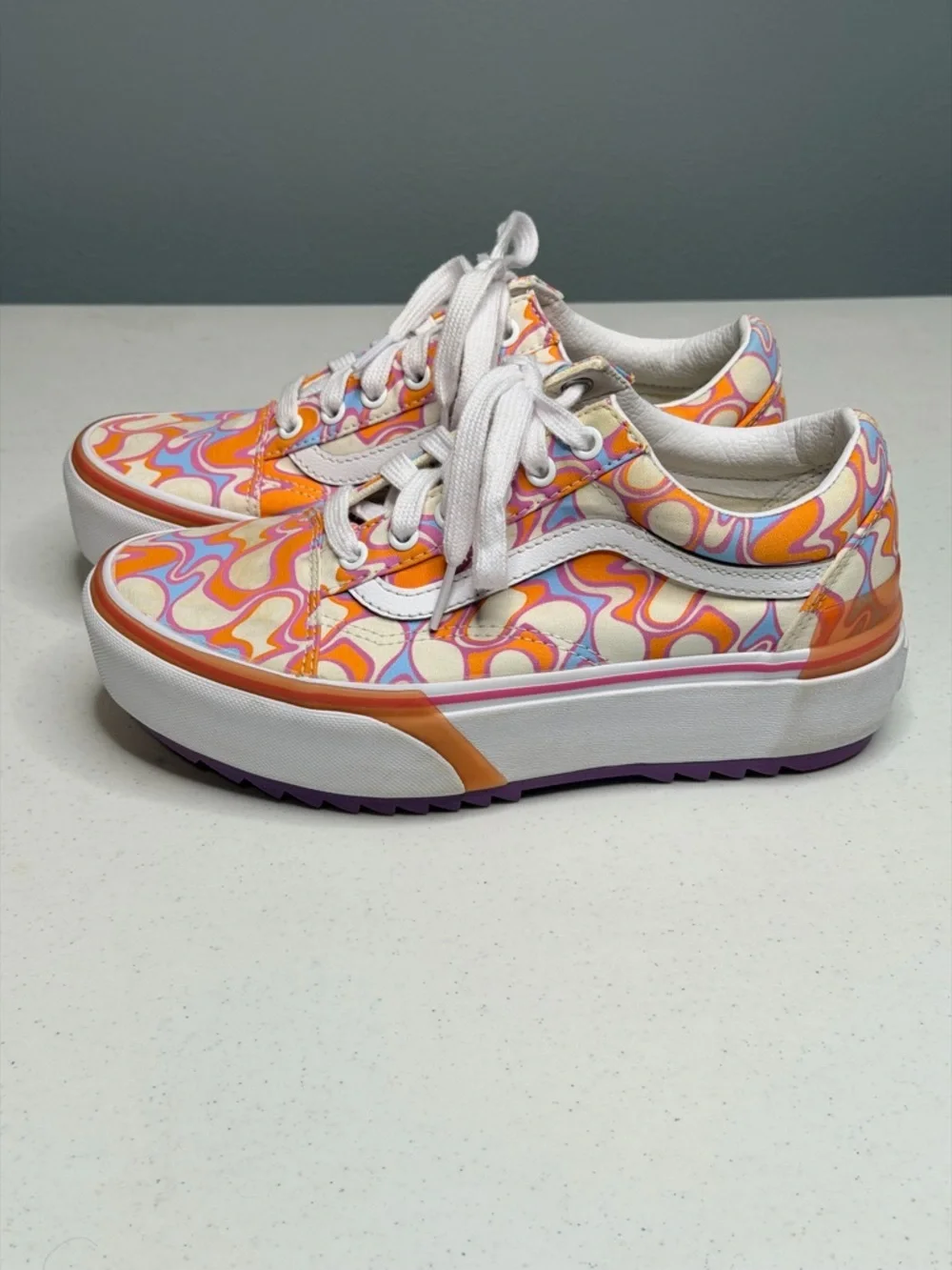 Vans Platform Lace-Up Sneakers in Orange, Pink, Cream Swirl