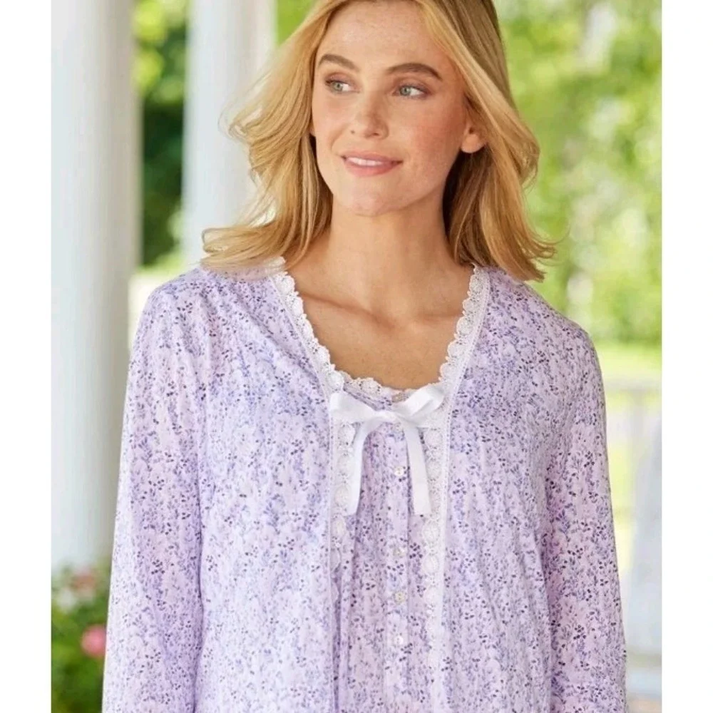 Eileen West 2 Pc Nightgown Set XXL Bed Jacket Robe Floral Purple Cottage Prairie